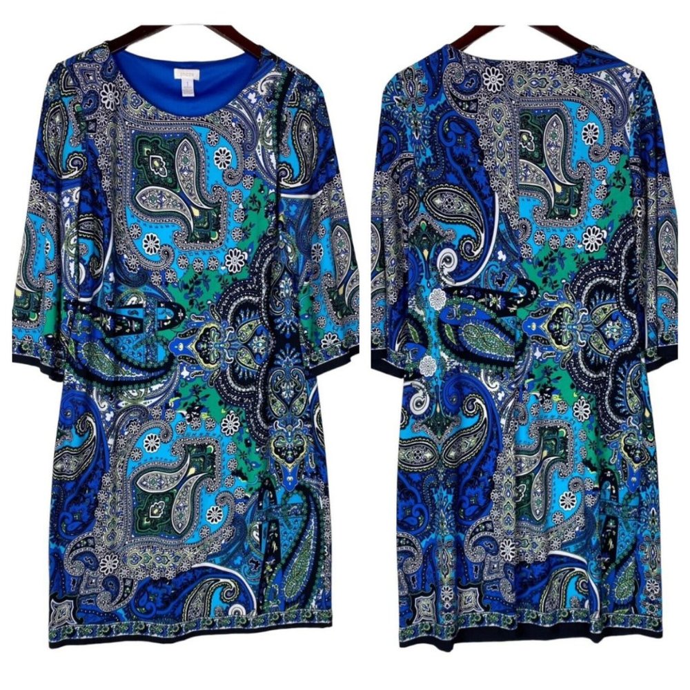 Chico's Sz 1 (Medium 8 10) Shift Dress Blue Paisley Liquid Knit Stretch